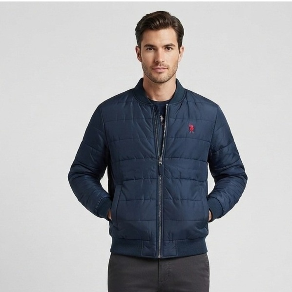 US Polo Assn Mens Puffer Bomber Jacket Navy Blue Quilted Full Zip Size L NEW